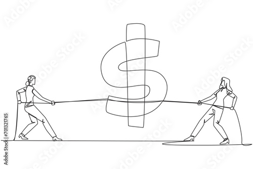 Single continuous line drawing two businesswomen fighting over dollar symbol. Balancing expenditure with income. Mutual attraction of income. Don't want to give up. One line design vector illustration