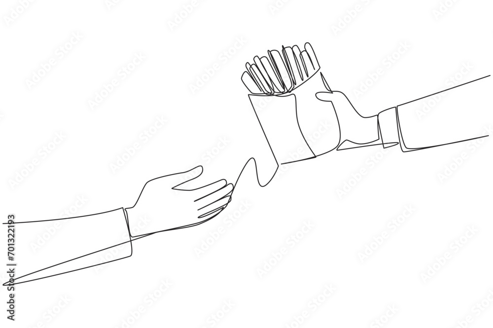 Continuous one line drawing hand giving french fries. Snack foods that