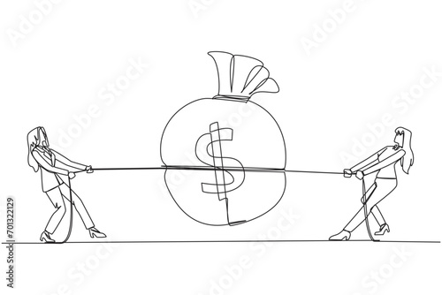 Single continuous line drawing two businesswomen fighting over a money bag. Competition for the bigest money. Compete to reap as many profits as possible. Greedy. One line design vector illustration