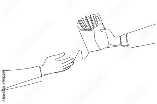 Continuous one line drawing hand giving french fries. Snack foods that are cut into long strips. Fast food restaurants. Included in the junk food category. Single line draw design vector illustration