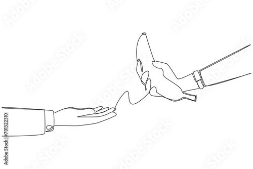 Single continuous line drawing hand giving banana. Fruit contains lots of vitamins and fiber. Fruit that has yellow skin. Bananas rich in magnesium and potassium. One line design vector illustration