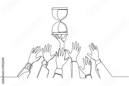 Single continuous line drawing hands fighting over the hourglass. Fighting over an antique clock. Very ambitious to be able to have it. Collector of vintage items. One line design vector illustration