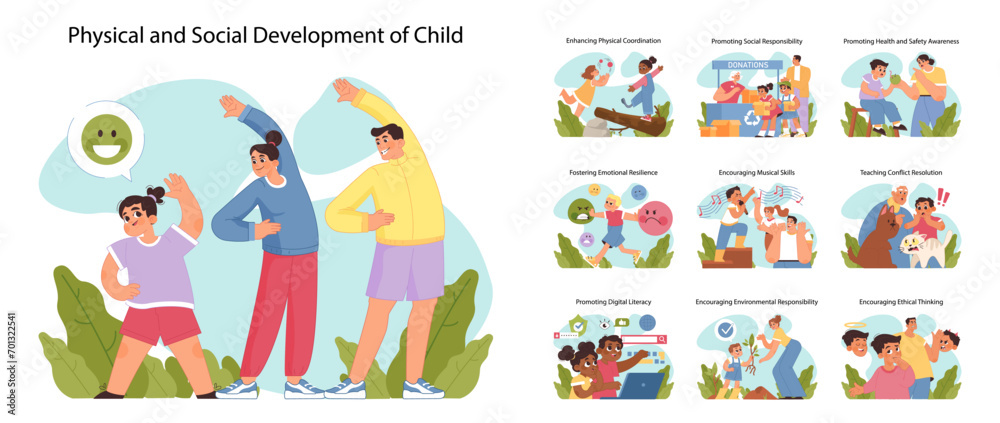 Physical and social development of child concept set. Children engaging in exercises, emotional learning, and social activities promoting comprehensive growth. Flat vector illustration Physical and social development of child concept set. Children engaging in exercises, emotional learning, and social activities promoting comprehensive growth. Flat vector illustration