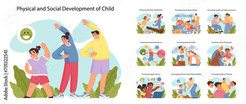 Physical and social development of child concept set. Children engaging in exercises, emotional learning, and social activities promoting comprehensive growth. Flat vector illustration