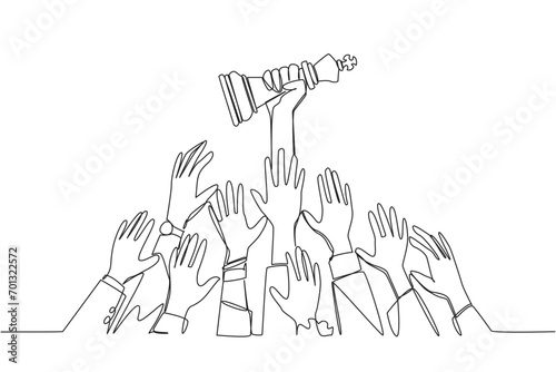 Single continuous line drawing hands fighting over the king's chess piece. The metaphor of approaching a king or ruler. Getting profits makes business easier. One line design vector illustration