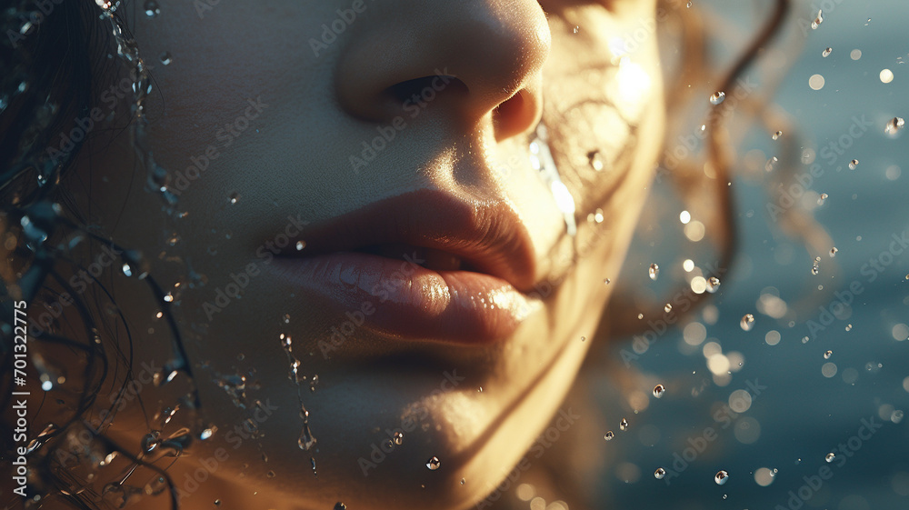 Close-up of a woman's lower canal standing against a background of splashing water droplets. grooming. cosmetics photo, beauty industry advertising photo.