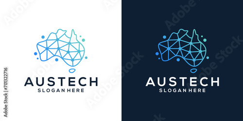 Map of australia logo design template with abstract dot, molecule and network Internet system logo design graphic vector. Symbol, icon, creative.