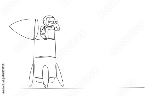 Single continuous line drawing astronaut emerges from the end of the rocket looking for something through binoculars. Check details before flying into the space. One line design vector illustration