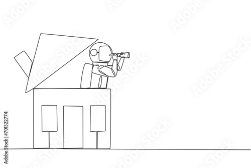 Single one line drawing young astronaut emerges from the miniature house looking for something through binoculars. Feeling homesick. Too long in space. Continuous line design graphic illustration