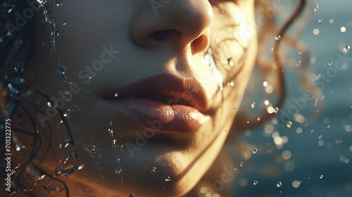 Close-up of a woman's lower canal standing against a background of splashing water droplets. grooming. cosmetics photo, beauty industry advertising photo. photo