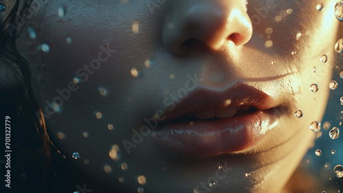 Close-up of a woman's lower canal standing against a background of splashing water droplets. grooming. cosmetics photo, beauty industry advertising photo. photo