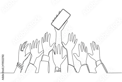 Single continuous line drawing hands fighting for handphone. The latest technology has been released. Only lucky ones will get it. Success requires luck. Hi tech. One line design vector illustration
