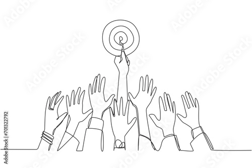 Continuous one line drawing hands fighting over arrow target board. Struggle towards success that many people want to achieve. Focus on achieving dreams. Single line draw design vector illustration