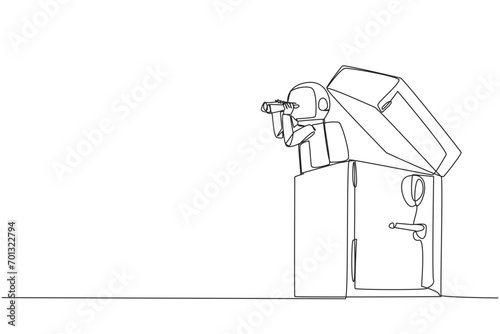 Single one line drawing astronaut emerges from safe deposit box look for something with binocular. Looks for safest place to store expedition report documents. Continuous line graphic illustration