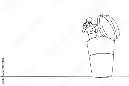 Single one line drawing a smart robot emerges from paper cup looking for something through binoculars. Scan. Analyze how good fast food drinks are. Rating. Continuous line design graphic illustration