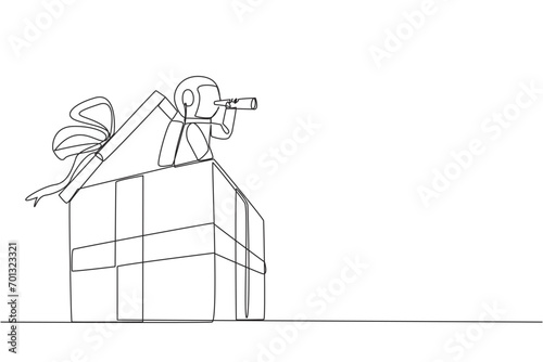 Continuous one line drawing astronaut emerges from gift box looking for something through binoculars. Determine the best souvenirs to bring home to earth. Single line draw design vector illustration