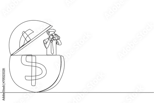 Continuous one line drawing businessman emerges from dollar symbol coin look for something through binoculars. Complete business agreement by getting cash. Single line draw design vector illustration