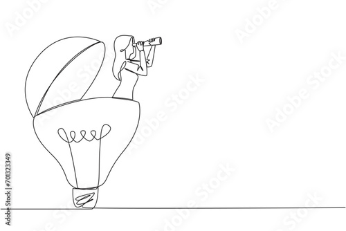 Single one line drawing businesswoman comes out of lightbulb look for something through binoculars. Looking for inspiration. Look around for bright ideas. Continuous line design graphic illustration