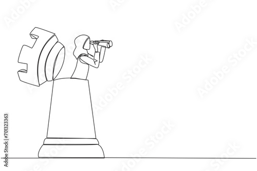 Single one line drawing Arabian businesswoman emerges from the rook chess piece looking for something through binoculars. Finalize business strategies. Continuous line design graphic illustration