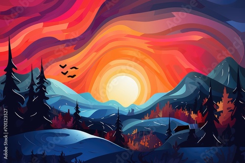 Beautiful landscape with mountains, forest and sunset. Abstract background February 25: Yukon Heritage Day photo