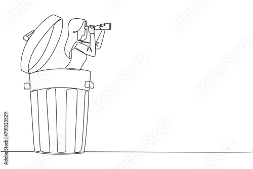Continuous one line drawing businesswoman comes out of a trash can looking for something through binoculars. Not interested in backbiting. Throw gossip. Single line draw design vector illustration