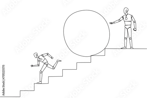 Continuous one line drawing robotic running down stairs avoiding big ball. Attacked by business friends. Traitor in business. Cheating in business. Betray. Single line draw design vector illustration