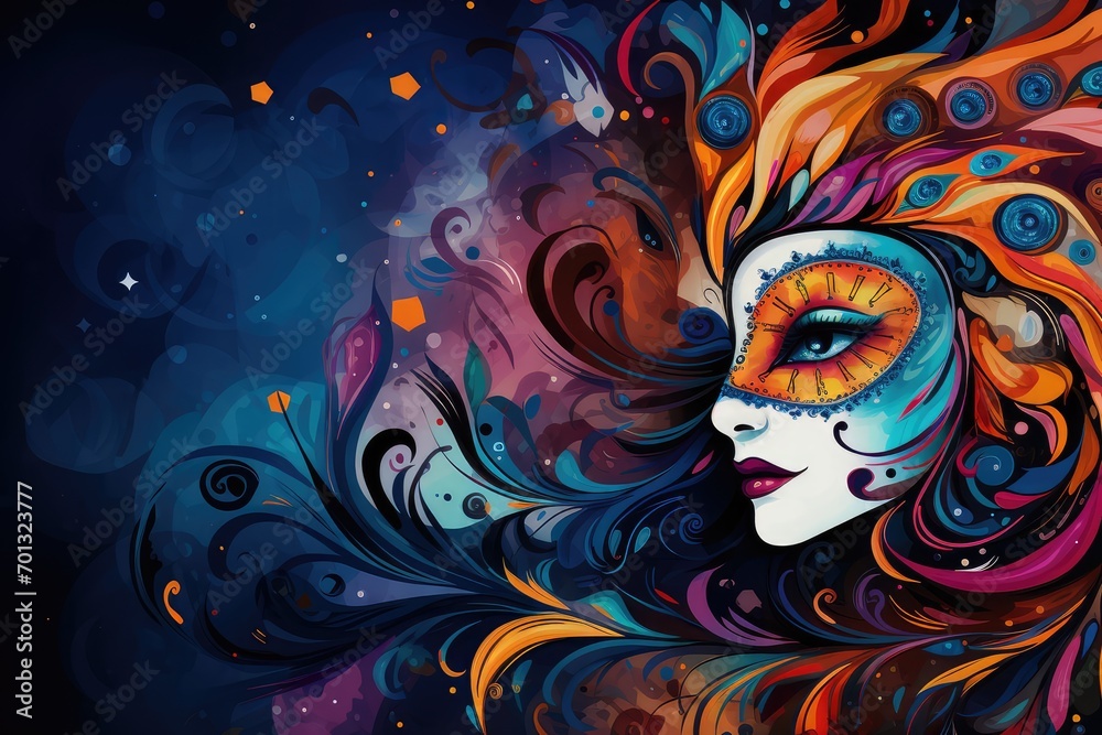 Beautiful girl with fantasy face. Abstract colorful background. Abstract background February 26: Carnival Day or Mardi Gras or Bali Hindu New Year