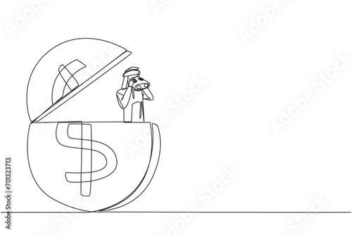 Single one line drawing Arabian businessman pops out of a dollar symbol coin looking for something through binoculars. Save slowly for a calmer old age. Continuous line design graphic illustration