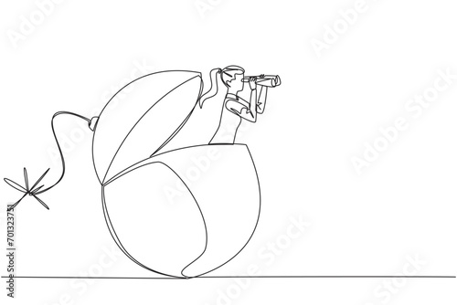 Single continuous line drawing businesswoman get out from burning fuse bomb looks for something through binocular. Secure a company from explosion. Destruction. One line design vector illustration