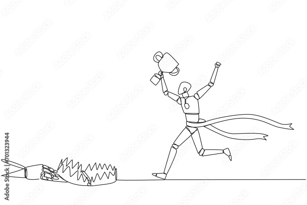 Fototapeta premium Single continuous line drawing smart robot running with trophy. A dangerous business trap. A trap that really brings down a business. Fake friend. Traitor. Rival. One line design vector illustration
