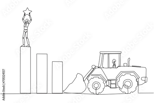 Single continuous line drawing smart robot standing on the highest bar raising a star. Bulldozer ready to destroy the happiness. Betrayal. Fake friends. Traitor. One line design vector illustration