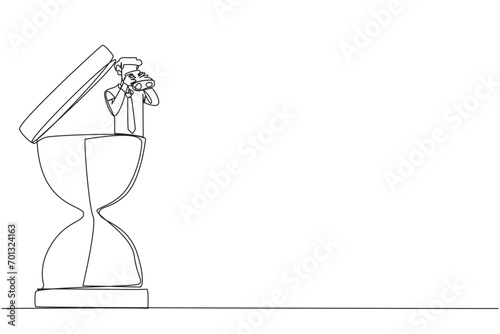 Continuous one line drawing businessman emerges from hourglass looking for something through binoculars. Aligned work makes deadlines easier. Work smart. Single line draw design vector illustration