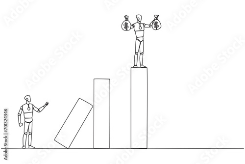Single continuous line drawing the smart robot standing on the bar lifting two money bags. Fake partner. The envy friend. Sabotage happiness. The traitor on office. One line design vector illustration