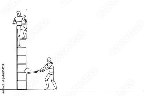 Single continuous line drawing smart robot climbs the ladder to achieve the expected reward. Destroyed silently. Business failed to develop. Destroyed by traitors. One line design vector illustration