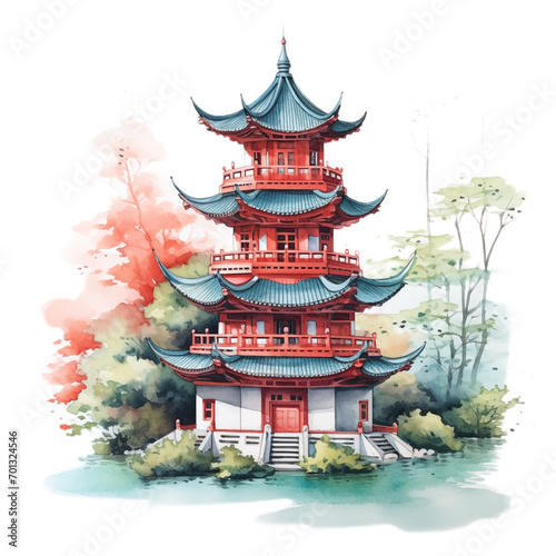 Pagoda watercolor illustration - Asia, Japan, China