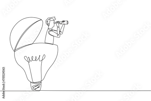 Continuous one line drawing businessman emerges from lightbulb look for something through binoculars. Selection of bright ideas to develop new businesses. Single line draw design vector illustration