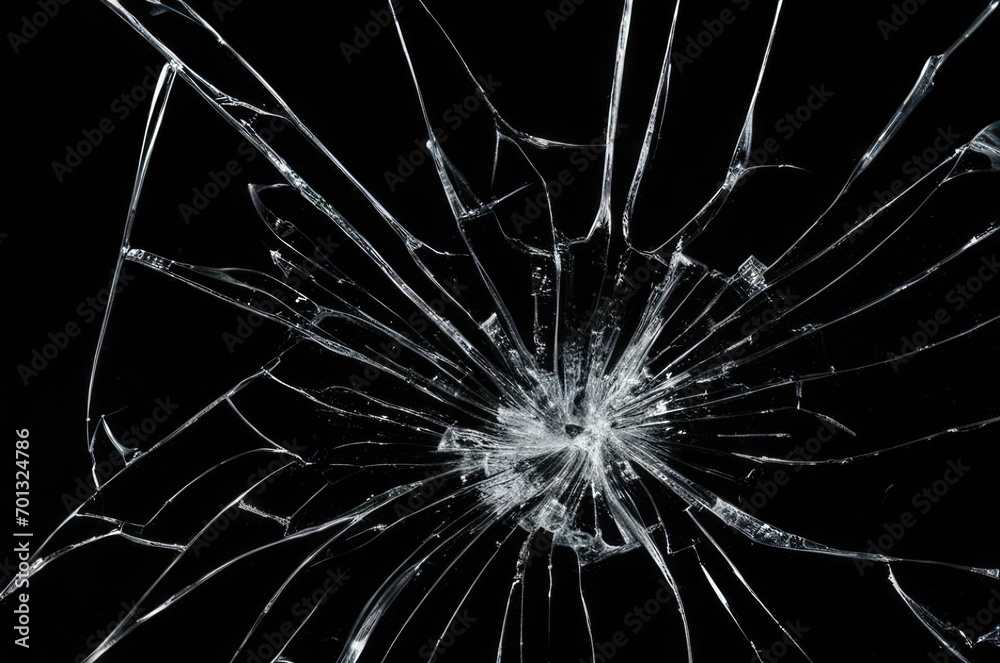 Obraz premium Photo of broken glass on a black background, cracks.