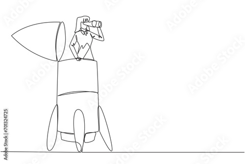 Continuous one line drawing businesswoman exits rocket looking for something through binoculars. Preparing business partners to open new business branches. Single line draw design vector illustration