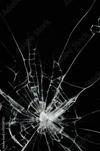Photo of broken glass on a black background, cracks.