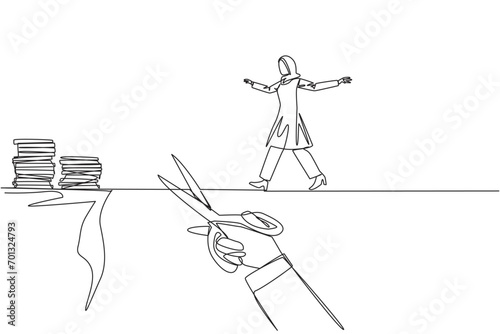 Single one line drawing Arabian businesswoman walking on tightrope from one cliff to another. Failed to move to much better place. Cheated by colleague. Continuous line design graphic illustration