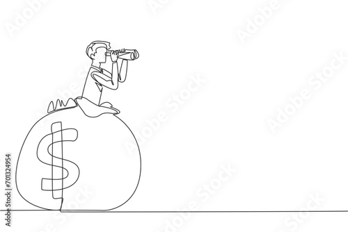 Single one line drawing businessman emerges from the money bag looking for something through binoculars. Share for the true happiness. A valuable legacy. Continuous line design graphic illustration