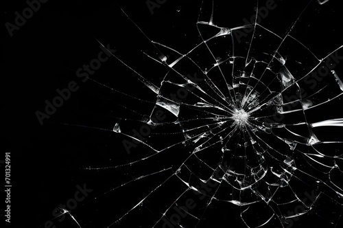 Photo of broken glass on a black background  cracks.