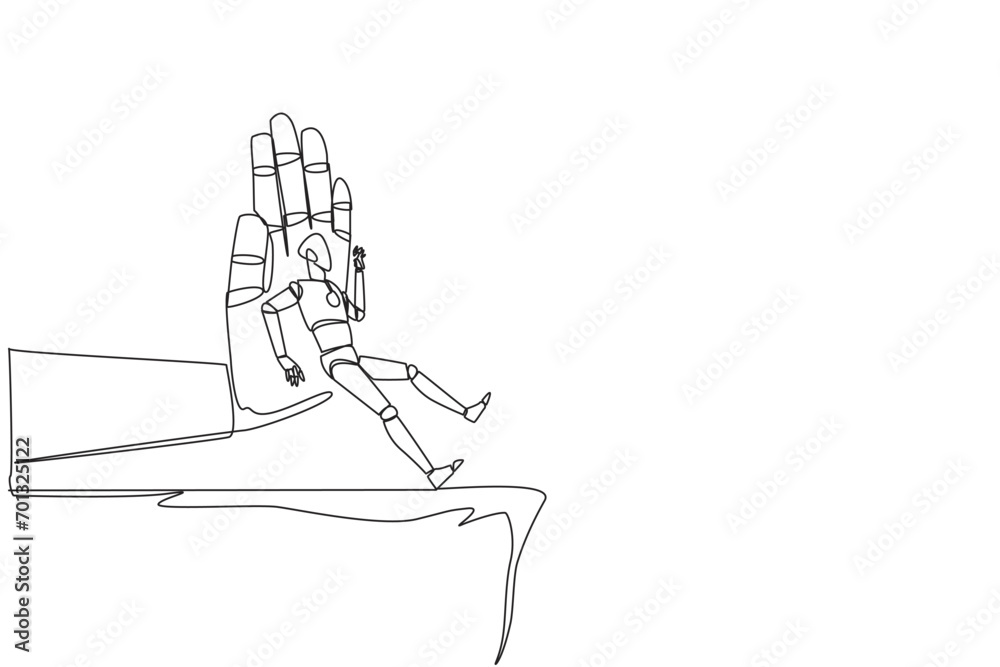 Obraz premium Single one line drawing smart robot standing on the edge of a cliff. Something big wants to bring down the business. Invisible enemy. Bring down competitor. Continuous line design graphic illustration