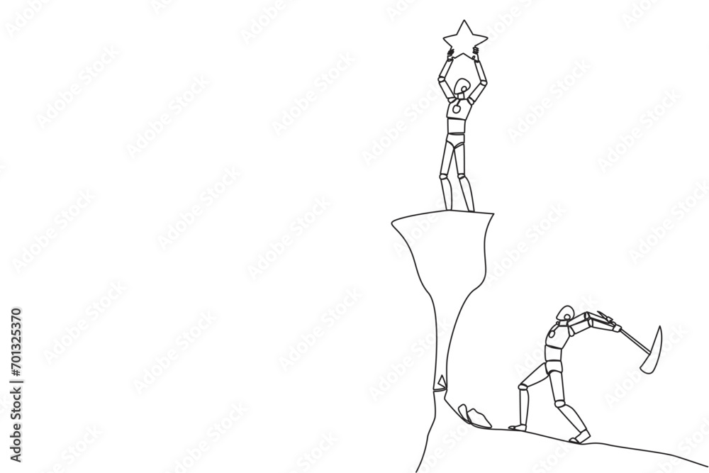 Single one line drawing smart robot standing on a cliff lifting a star. An envious friend, eating away at success from the inside to fall down. The traitor. Continuous line design graphic illustration Single one line drawing smart robot standing on a cliff lifting a star. An envious friend, eating away at success from the inside to fall down. The traitor. Continuous line design graphic illustration