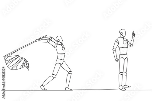 Continuous one line drawing the robot who comes up with an idea. A brilliant idea that will be stolen by a business partner. Cheating in business. Betrayal. Single line draw design vector illustration