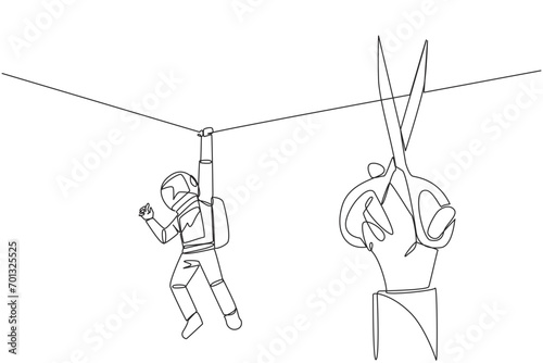 Single one line drawing the astronaut hanging from rope. A big hand that want to cut the rope. Maintaining a nearly useless business. Thwarted by traitors. Continuous line design graphic illustration