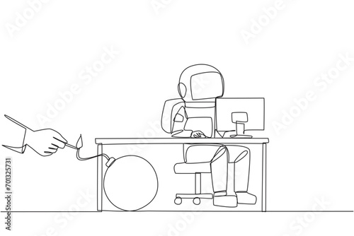 Single one line drawing astronaut typing at a computer desk. Trapped by business partner. A bomb that could explode at any time. Betrayed by a colleague. Continuous line design graphic illustration