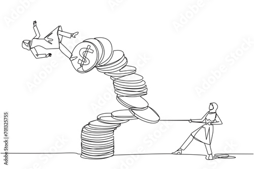 Continuous one line drawing Arabian businesswoman pull one of piles of coins who made person on top fall. Fraud. Misappropriation of office money. Traitor. Single line draw design vector illustration