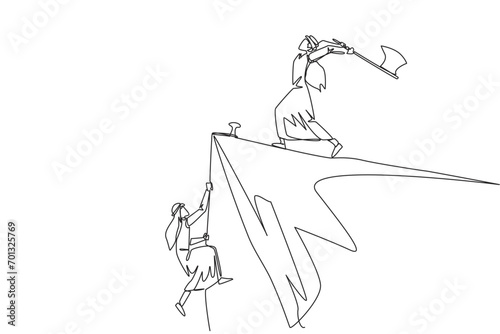 Single one line drawing Arabian businessman climbs cliff with rope. Almost successful. Rudely dropped by a business friend. Fake partner. Worst teamwork. Continuous line design graphic illustration