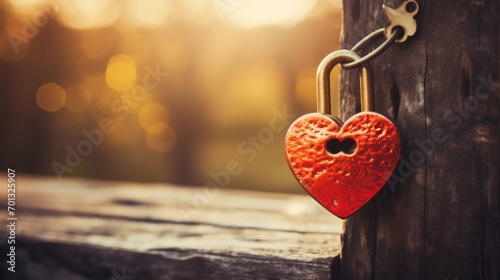  a red heart shaped padlock attached to a wooden post with a key hanging from the end of the padlock. photo